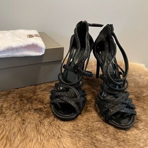 BCBGMAXAZRIA Black Satin Strappy Heels with Rhinestone Detail – Size 6.5